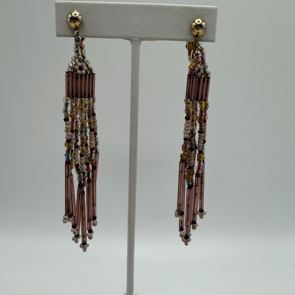 Bohemian Beaded Fringe Clip On Earrings Pink Brown Wood Glass Shoulder Dusters